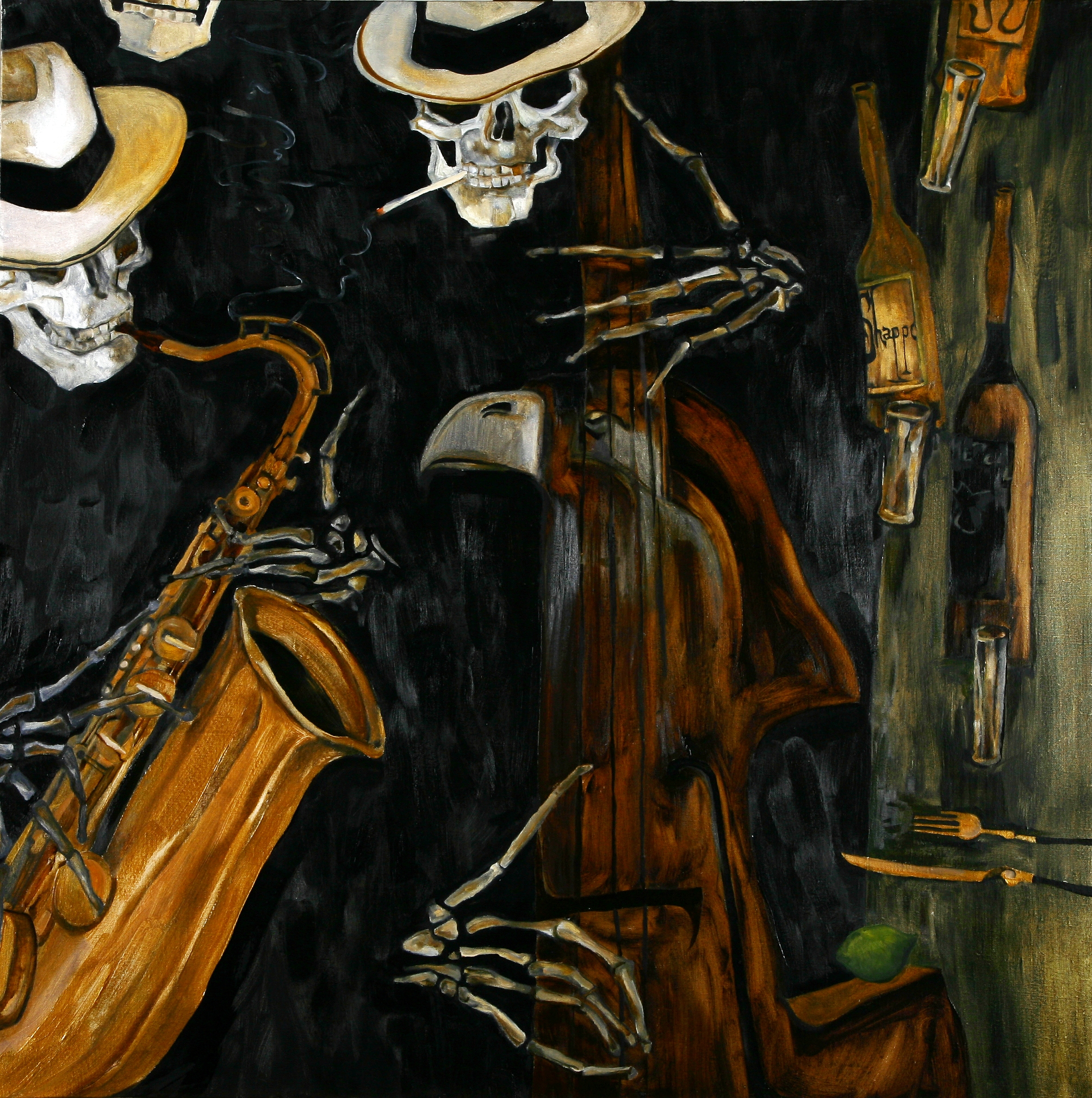 MEZCAL IN A LITTLE COZY CAFE COMEWHER...OF THE CITY. canvas. oil. 110x110 cm.