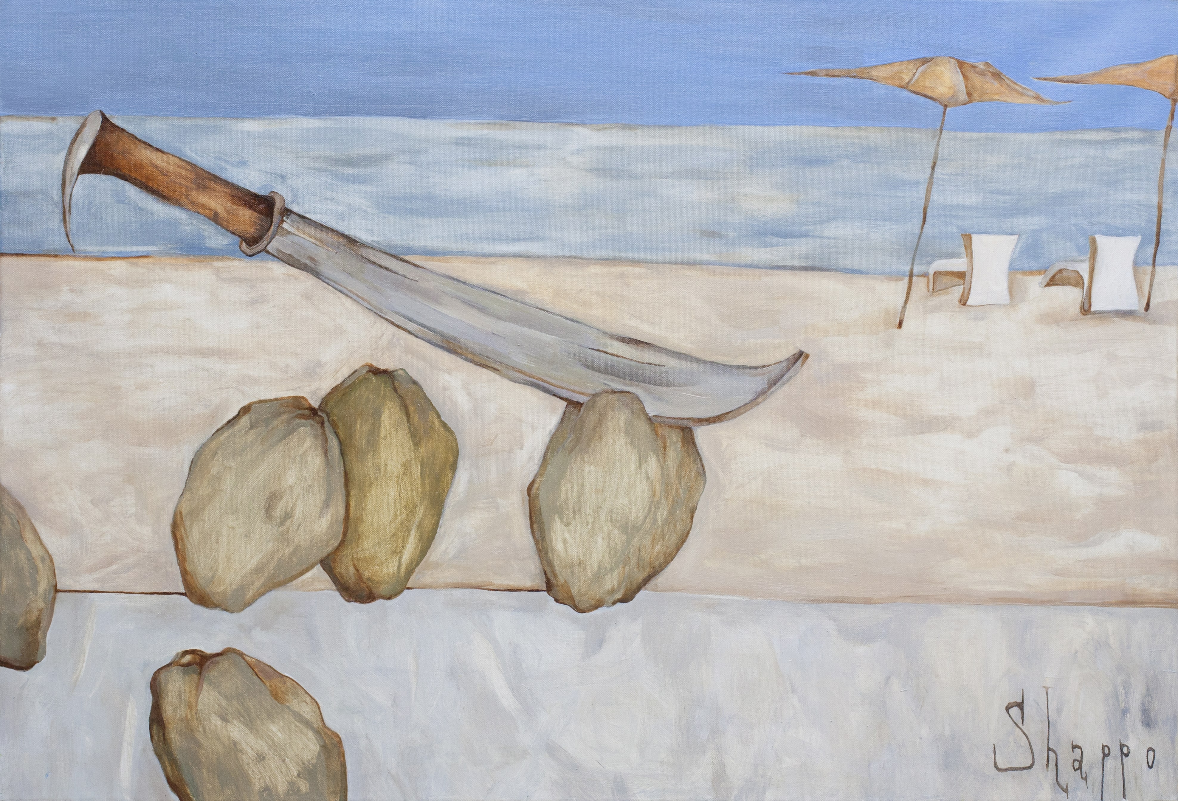 COCONUTS AND MACHETE. canvas. oil. 100X70 cm.
